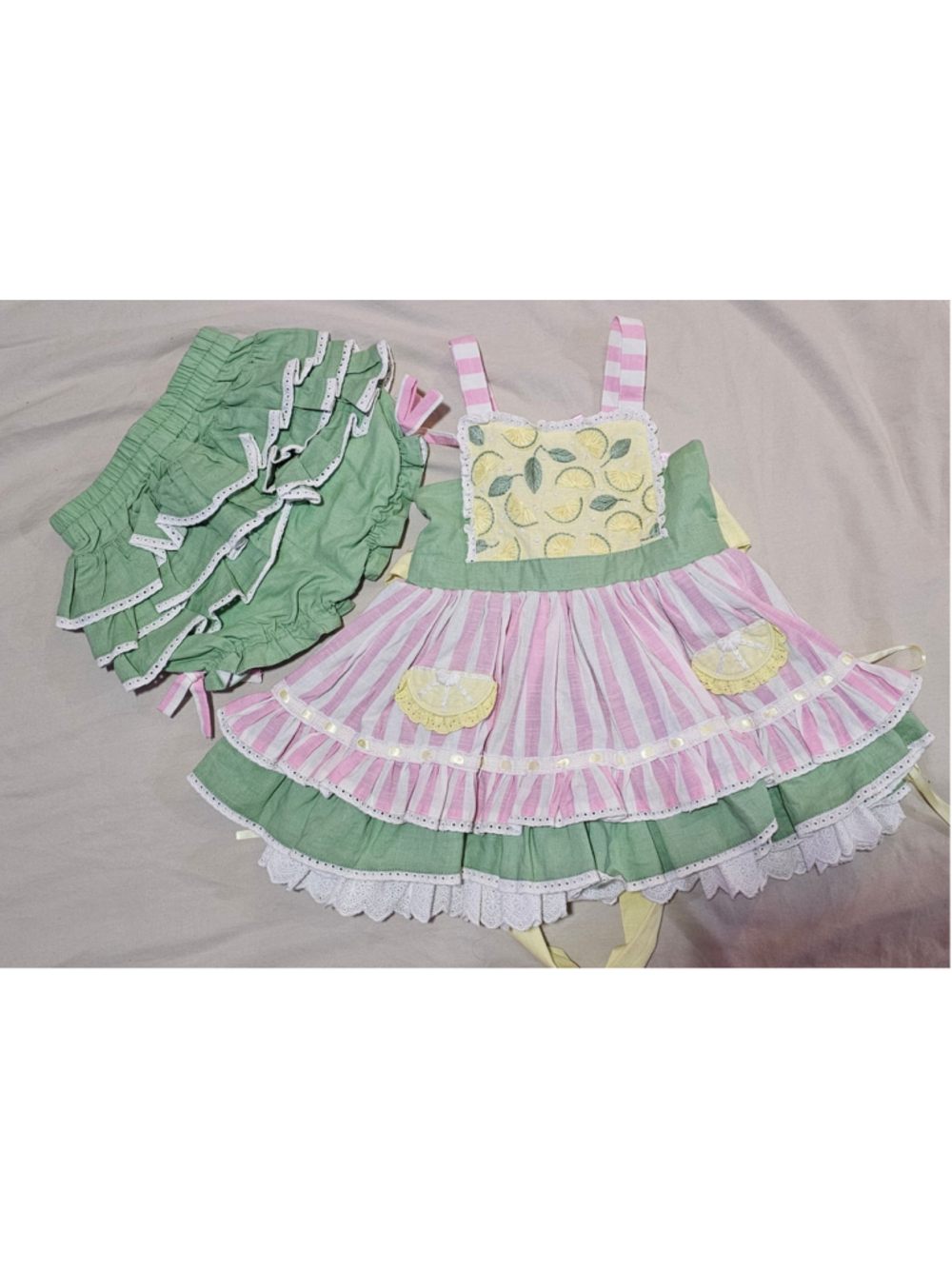 Toddler Girl Mia Miel Lemon Print Dress and Bloomer Set 3T Green Pink